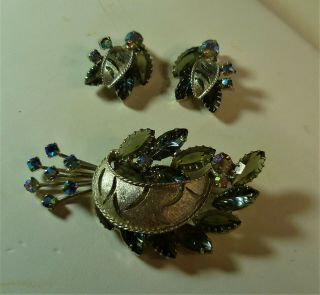 Vintage Iridescent Ab Rhinestone Pin Brooch Earring Set Sherman ?