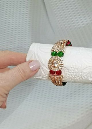 Vintage Red Green And White Crystal Gold Tone Cuff Holiday Bracelet