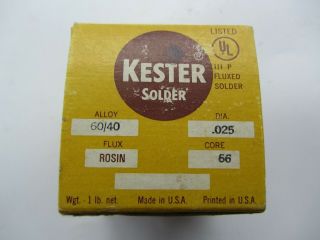 Vintage Kester Rosin Solder " 44 " Alloy 60/40 Core 66 Dia.  025 No.  510797 1 Pound
