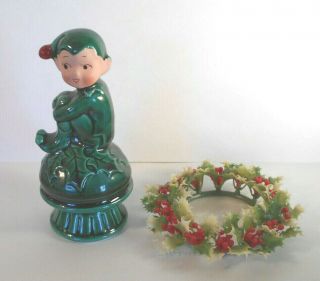 Vintage Inarco Ceramic Elf Christmas Figurine With Holly E - 2506.  4.  25” Tall.