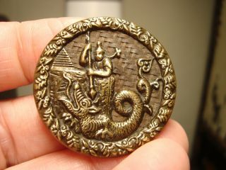 Antique Brass Tinted Man With Dragon Scene Basketweave Back Large Button
