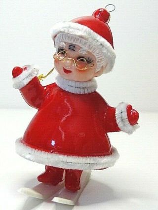 Vtg Christmas Ornament Mrs Santa Clause On Skis Plastic Rubber Japan 4 " H
