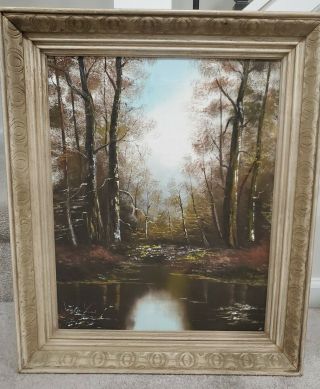 Vintage Landscape Oil Painting Carved Wooden Frame Artist Signed