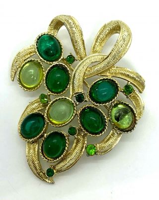 Vintage Gold Tone Green Rhinestone Beaded Flower Abstract Art Brooch Pin Jewelry