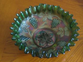 Antique Carnival Glass Bowl Fenton - Green Grapes Pattern