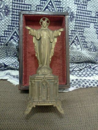 Antique Jesus Sacred Heart Statue Cast Metal (régule) 10inche Tall
