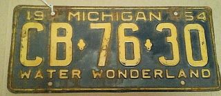 Vintage 1954 Michigan License Plate State Car Tag Cb 76 30 Water Wonder Land