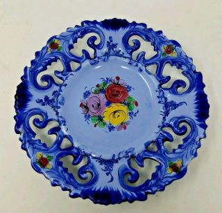 Vintage Alcobaca Hand Painted Blue Floral Wall Plate Reticulated Portugal 1044