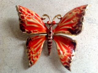 Vintage Weiss Red Gold Brown Enamel Butterfly Brooch Jewelry Pin 1 1/2 " X 2 "