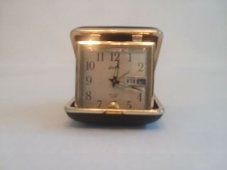 Vintage Linden Windup Travel Alarm Clock With Gold Face Black Case Japan