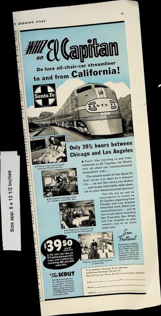 1941 Whiz On El Capitan Santa Fe Train System Vintage Print Ad 5895