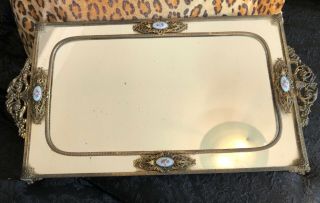 Antique Art Deco Mirrored Vanity Perfume Tray W/ French Guilloche Enamel Accents