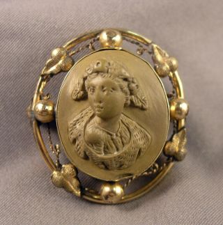 Antique Victorian Brooch - Italian Lava Lady Cameo & Gold - Filled Mounting
