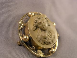 Antique Victorian Brooch - Italian Lava Lady Cameo & Gold - Filled Mounting 2