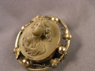 Antique Victorian Brooch - Italian Lava Lady Cameo & Gold - Filled Mounting 3