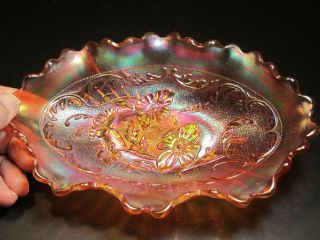 Antique Northwood Dark Marigold Poppy Pattern Carnival Glass Oval Pickle Tray 2