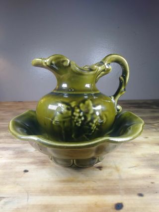 Vintage Mccoy Usa Pottery Pitcher And Wash Bowl Basin Set Green Grapes Ornate