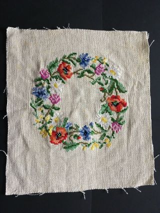 Vintage Embroidered Cross Stitch Cushion Front - Floral Wreath