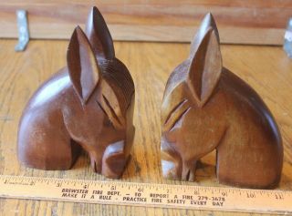 Vintage Hand Carved Solid Wood Donkey Horse Head Bookends Wooden Handmade