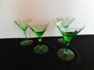 4 Antique Green Uranium Glass Paneled Martini/ Dessert Glasses Stemware