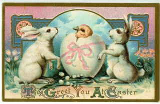 Vintage Postcard Easter Two Rabbits Watching A Chick Hatch Flowers Gilded Frame