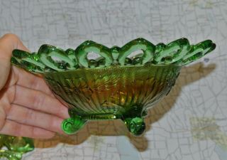 PAIR Vintage Carnival Glass Candy Dish Green Iridescent Scallop Footed Bowls 
