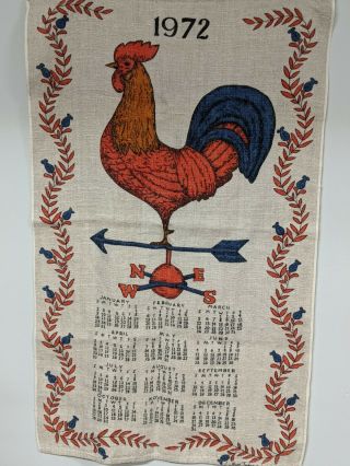 Vintage 1972 Luther Travis Rooster Calendar Linen Dish/tea Towel