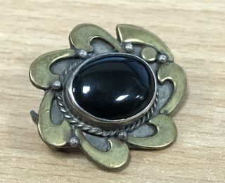Vintage 925 Silver And Gold Plated Brooch With Black Polished Glass Stone 6.  54g