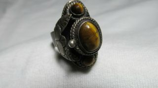 Antique Vintage Mexican Sterling Silver & Tiger Eye Pill Ring,  Signed Cbs,  Rare