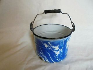 Antique Blue And White Swirl Graniteware Berry Bucket With Handle