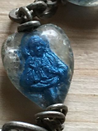 Antique Lourdes Bubble Bead Rosary Blue Mary & Jesus Statues In Beads Fatima