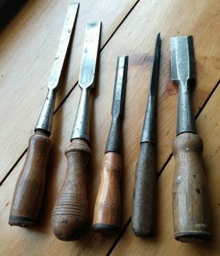 5 Antique Vintage Wood Handle Chisels Buck Bros Dunlap