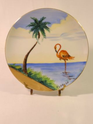 Vintage Florida Souvenir Wall Plate Hadson Ware China Japan Flamingo Palm Tree