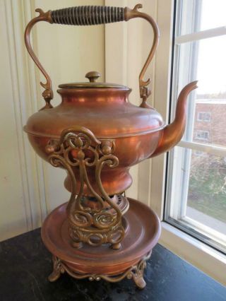 Antique Arts & Crafts S Sternau Co Copper Spirit Tilt Kettle Ornate Stand Burner