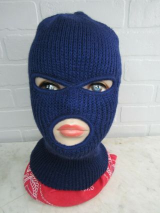 Vintage Ski Mask Full Face Robber Style 3 Hole Knitted Hat Cap Blue