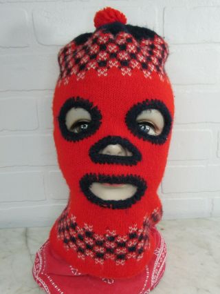 Vintage Ski Mask Full Face Robber Style 3 Hole Knitted Hat Cap Red