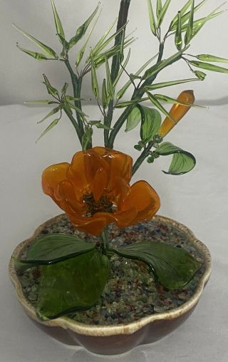 Vintage Chinese Oriental Asian Flowering Glass Bonsai Plant Bamboo Poppy