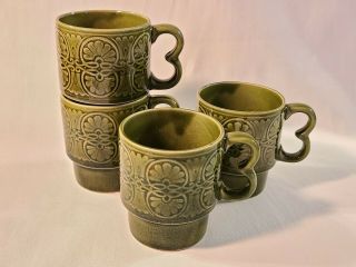 Set Of 4 Vintage Retro Boho Ceramic Stacking Coffee Mugs Cups Japan Olive Green