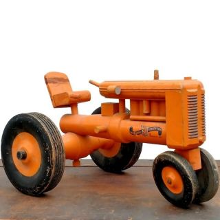 Antique Peter Mar Wood Toy Tractor Large Muscatine Iowa Orange Painted Vtg Truck