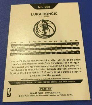 Luka Doncic Panini 2018 - 2019 NBA Hoops Rookie 268 GEM 2