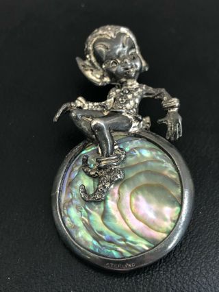 Very Rare Old Antique Vtg Sterling Silver Mother Of Pearl Elf Pixie Brooch Pin
