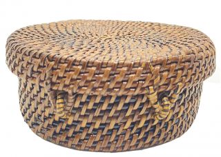 Set 6 Vintage 4” Wicker Rattan Coasters With Woven Basket Holder Attached Lid