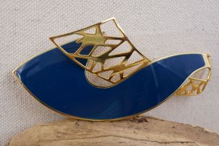 Vintage Signed Edgar Berebi Art Deco Blue Enamel Gold Tone Pin Brooch