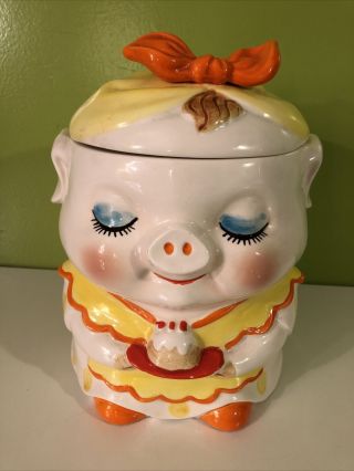 Vintage Lefton Japan Pig Cookie Jar,  Yellow And Orange,  9 1/2”