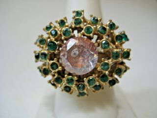 Vintage 60s Faux Emerald Rhinestone Sparkling Starburst Cocktail Ring