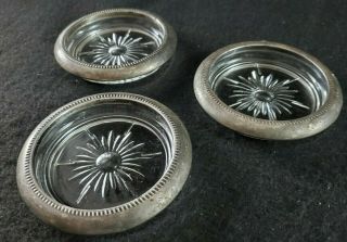 Vintage Set Of 3 Pressed Glass Starburst Drink Coaster W/silver Plated Trim Ring