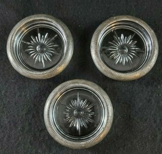 VINTAGE SET of 3 Pressed Glass Starburst Drink COASTER w/Silver Plated Trim Ring 3