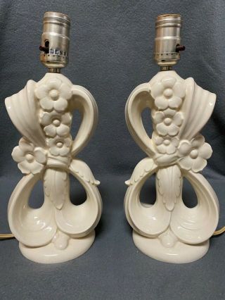 Set Of 2 Antique Vintage White Glazed Ceramic Floral Table Lamps