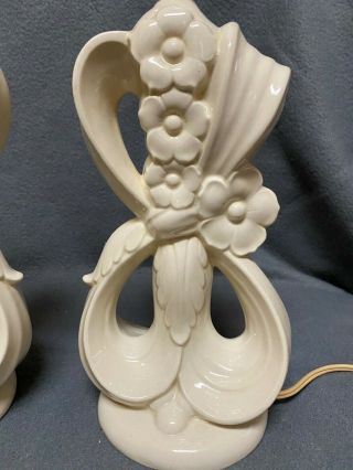 Set of 2 Antique vintage White glazed ceramic floral table lamps 2
