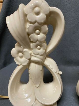 Set of 2 Antique vintage White glazed ceramic floral table lamps 3